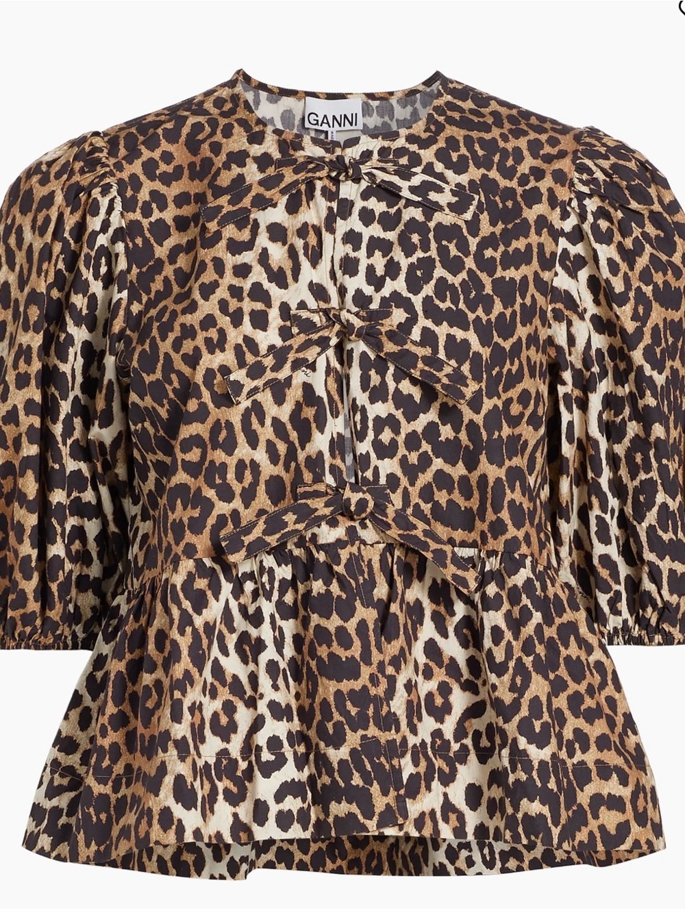 Ganni Leopard Print Puff Sleeve Cotton Peplum Top - Brown/Black Sz 36 (US 4) - Picture 10 of 10